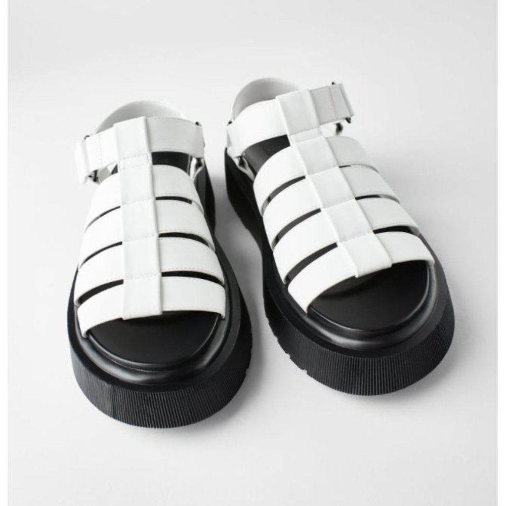 Zara Thick Sole Fisherman Sandals White Black Chunky Cut-Outs Strappy Flats 9 - Picture 2 of 15